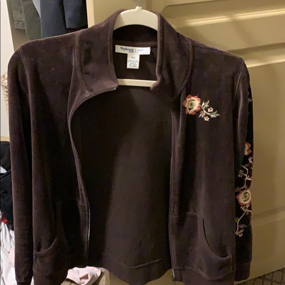 Embroidered velour zip up